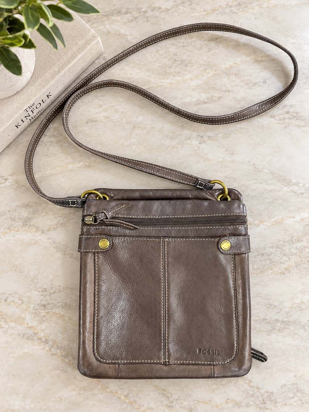 Vintage Fossil Brown Leather Organizer Crossbody Bag Wallet Y2K Multi Pocket